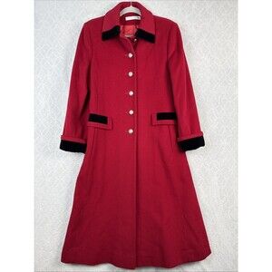 Vtg Wool Overcoat Womens 12 Red Velvet Trim Trench Old Money Timeless Luxury 80s